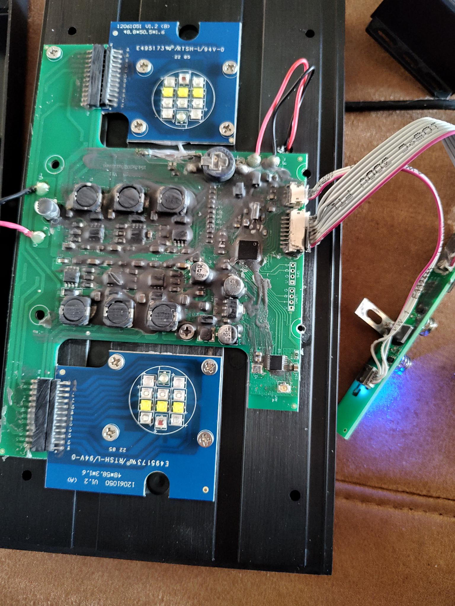 Full Smatfarm mainboard, showing the six per-channel driver inductors, both LED panel boards, and the UART1/SWD1 headers